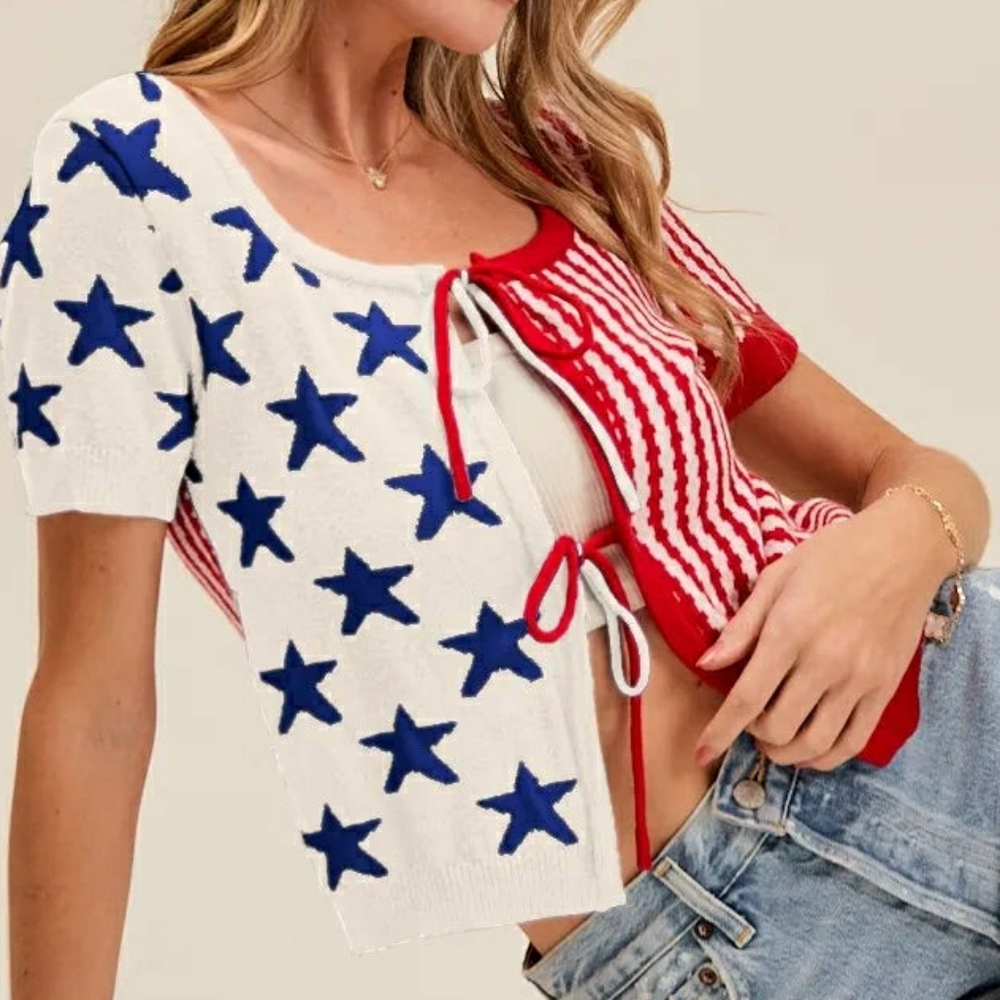 So Me Stars and Stripe Front Bow Tie Sweater Cardigan